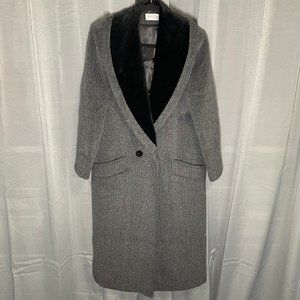Vintage Wool Chevron Print Coat w/ Velvet Trim